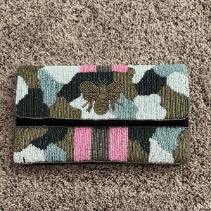 Beaded Foldover Clutch in Pink, Olive & Black with Bee Motif